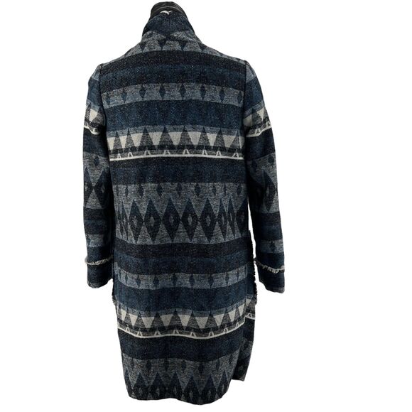 SAM EDELMAN Tribal Blanket Coat Women's S Boho Jacket Fringe Wool Blue Southwest - Picture 2 of 10